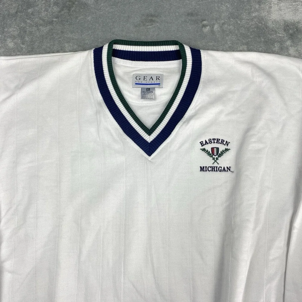 Vintage Eastern Michigan Sweatshirt Mens XL White Varsity V Neck Gear for Sports